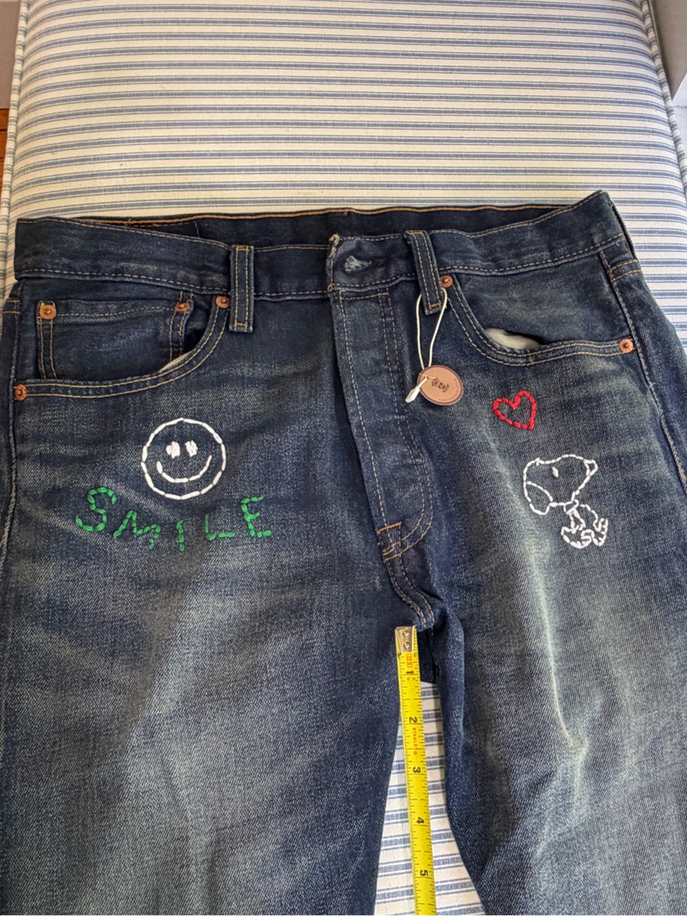Hipchik, Levi's refurbished Jeans with custom Embrd Snoopy, Smiley & Heart